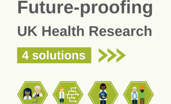 saying Future-proofing UK health Research with 4 solution icons at the bottom
