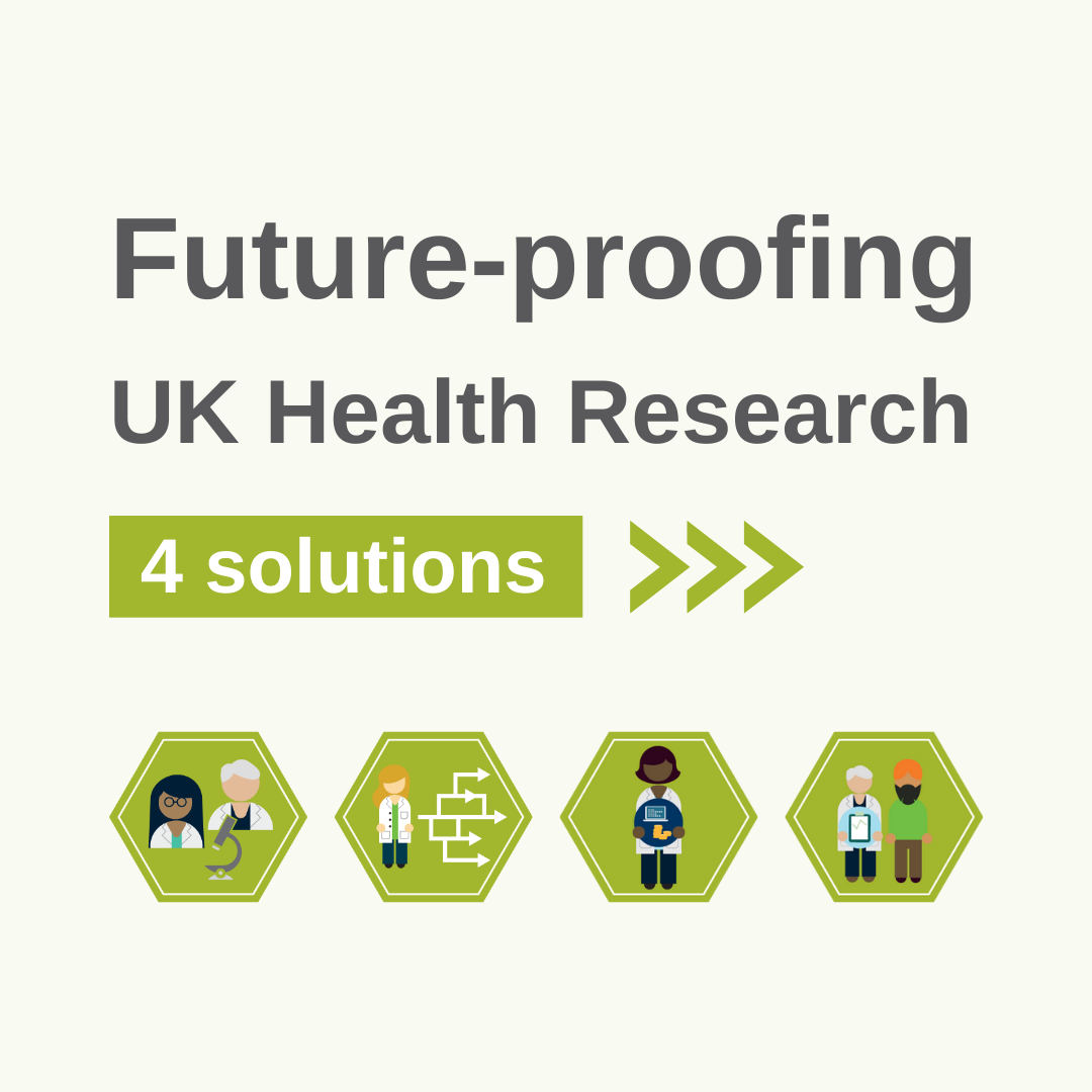 saying Future-proofing UK health Research with 4 solution icons at the bottom