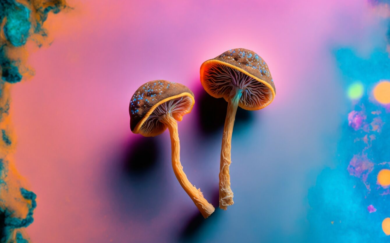Two,Dried,Psilocybin,Mushrooms,On,A,Rainbow coloured,Background.